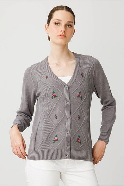 Desen Triko Women's V-Neck Front Diamond Embroidery Embroidered Cardigan Smoked