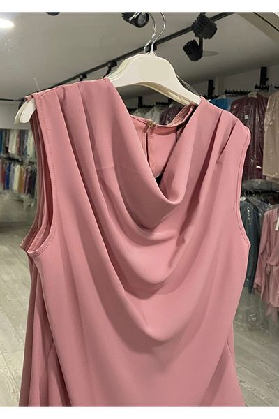 PERA MODA Flowy Degaje Collar No Show Short Zero Sleeve Blouse Shirt