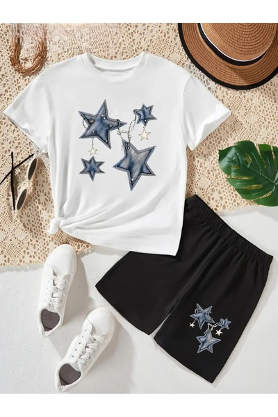 haha Girl's Star Printed T-Shirt - Shorts Set