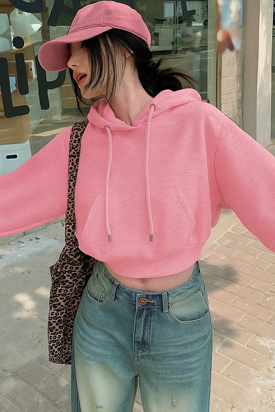 Tarz Cool Women's Pink Basic Crop Cut Hooded Sweatshirt