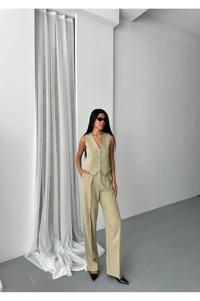 aytenli Double Fabric Bow Button Lined Vest Front Pleated Pocket Half Elastic Waist Wide Pants Suit