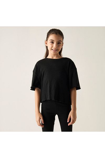 Juniors Heart Detail Ribbed T-shirt with Short Sleeves
