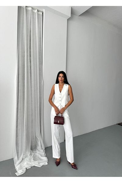 aytenli Double Fabric Bow Button Lined Vest Front Pleated Pocket Half Elastic Waist Wide Pants Suit