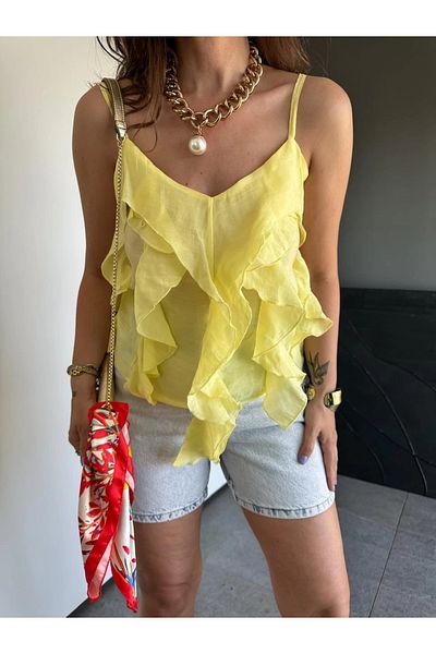 solena sln Women's Summer New Season Adjustable Strap Ruffle Blouse