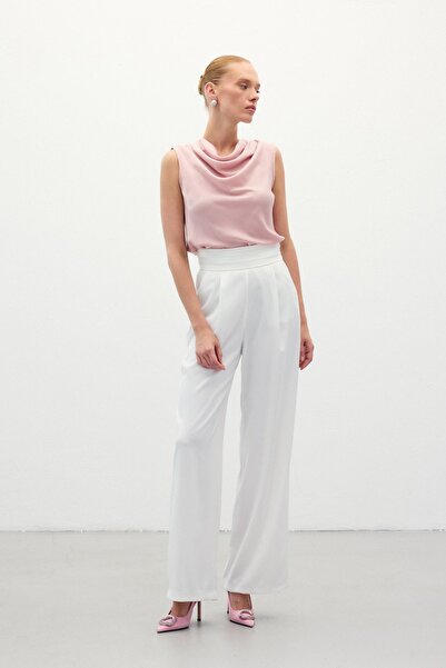 Sateen Degaje Yaka Saten Bluz - Pudra