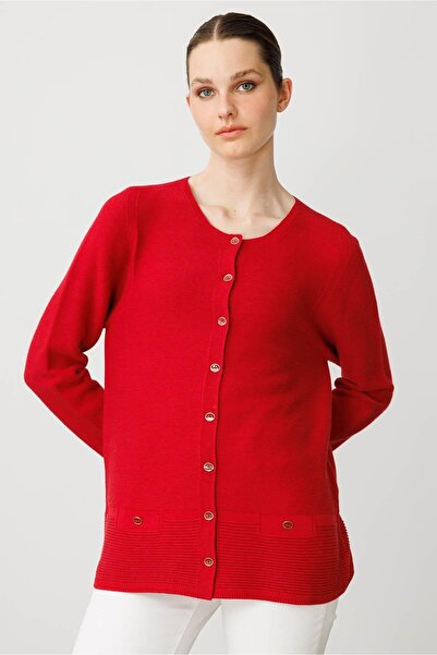 Desen Triko Women's Crew Neck Buttoned Cardigan K.Red