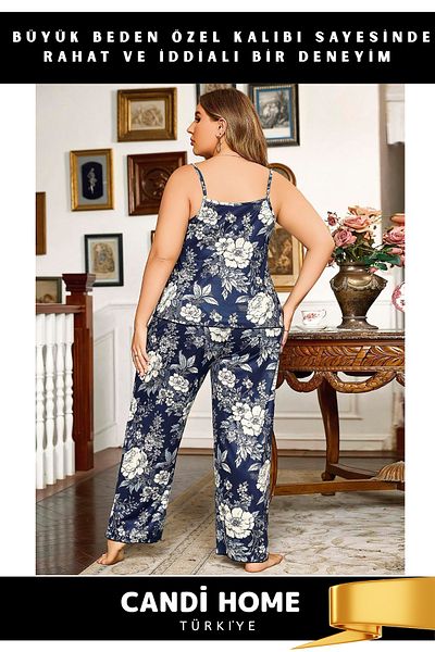 HOBİ CONDİ Special Series Design Model Large Size Patterned Thin Strap Stylish Elegant Navy Blue 2-Piece Suit