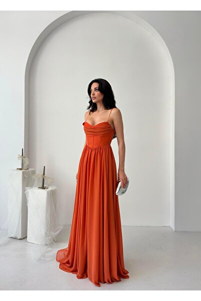 Serica Moda Turuncu İp Askılı Yırtmaçlı Şifon Tül Abiye Elbise
