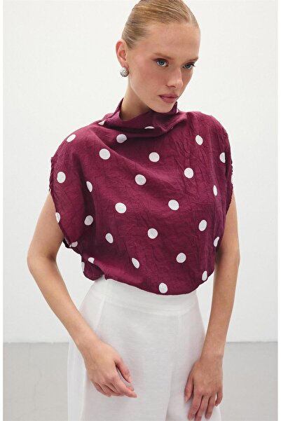 Sateen Puantiye Desenli Bluz - Bordo