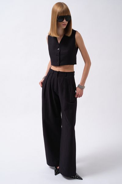 Black Fashion Double Pleated Palazzo Navy Blue Trousers