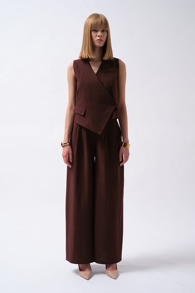 Black Fashion Side Button Asymmetrical Linen Brown Vest