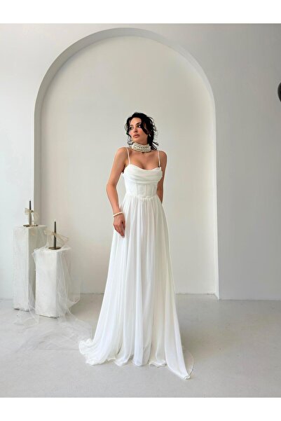 Serica Moda Βραδινό φόρεμα από τούλι σιφόν με λουράκια από λευκό σχοινί