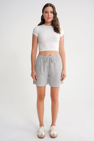 Mixray 4728 Women's Elastic Waist Striped Muslin Shorts Black