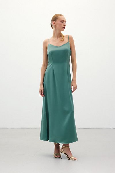 Sateen Long Satin Dress with Straps - Mint