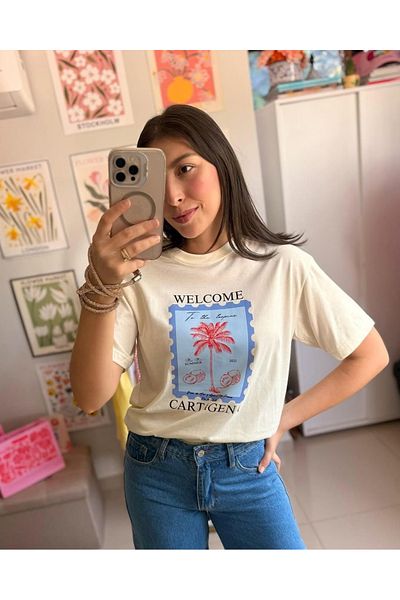 LUNAVISTA Palm Tree Printed T-Shirt, Casual Short Sleeve O Neck Summer Spring T-Shirt, Women's Clothing