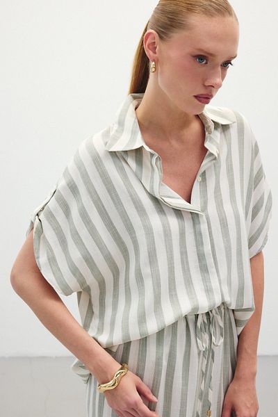 Sateen Striped Short Sleeve Shirt - Khaki