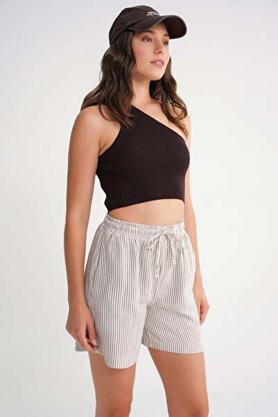 Mixray 4728 Women's Elastic Waist Striped Muslin Shorts Brown