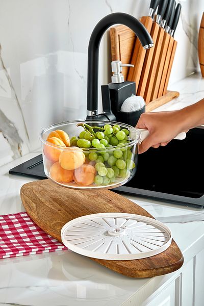 Espas Home Fruit Vegetable Strainer Storage Container Deep Freezer with Folding Handles - Refrigerator Organizer - Cream