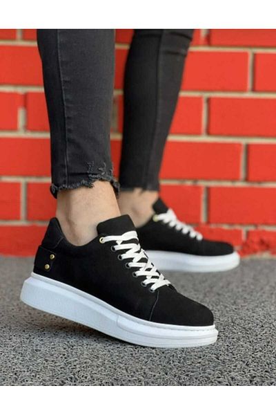 WEBORN Men's Suede Black Sports Casual Shoes High Thick White Sole Lace-up Sneaker