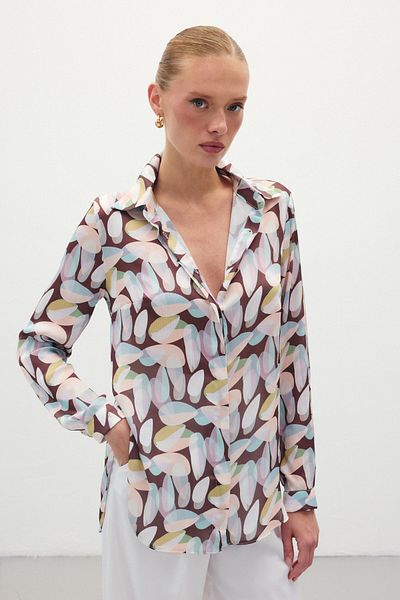 Sateen Patterned Long Shirt - Brown