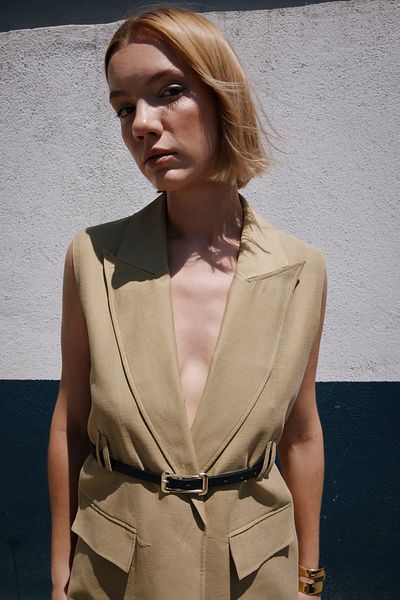 Sateen Belted Linen Vest - Khaki