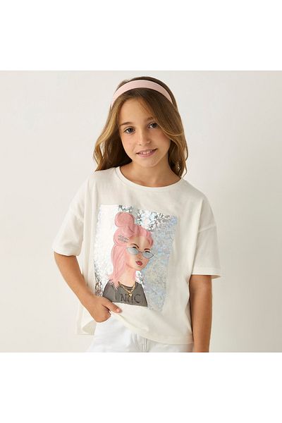 Juniors Graphic Print T-shirt with Short Sleeves