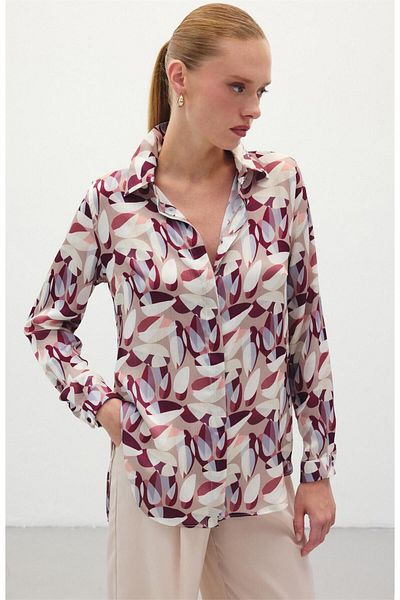 Sateen Patterned Long Shirt - Claret Red