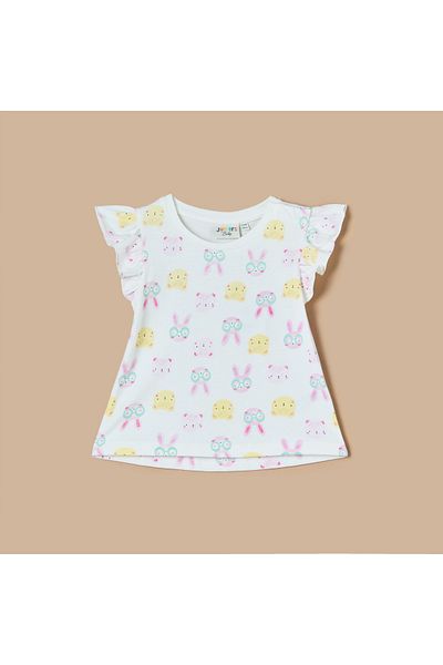 Juniors All-Over Print T-shirt with Ruffle Sleeves and Button Closure