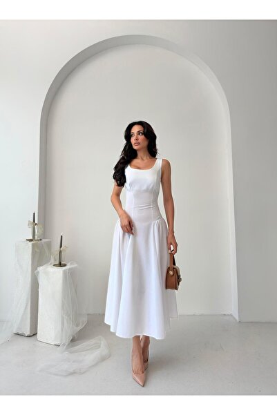 Serica Moda Beyaz Kare Yaka Gipeli Midi Elbise