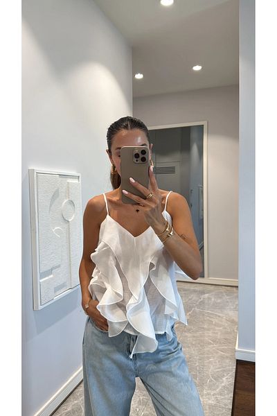 solena sln Women's Summer New Season Adjustable Strap Ruffle Blouse