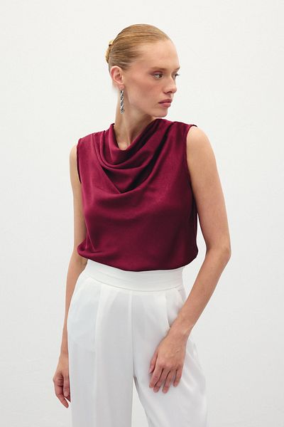 Sateen Degaje Collar Satin Blouse - Claret Red