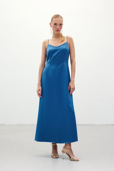 Sateen Long Satin Dress with Straps - Sax Blue