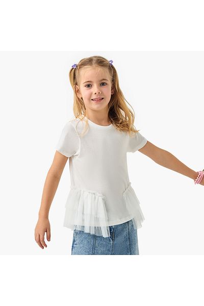 Juniors Solid T-shirt with Side Tulle Detail