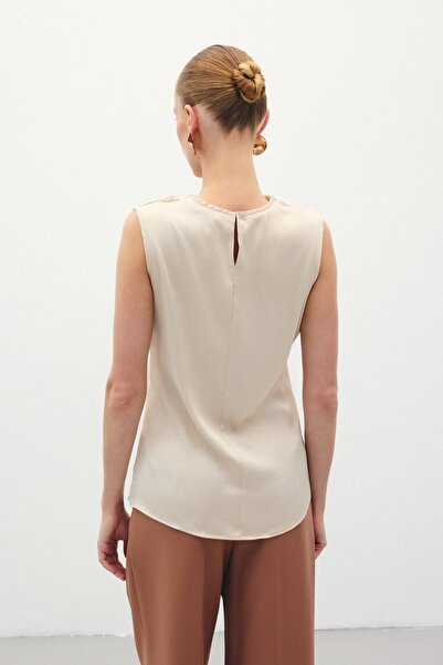 Sateen Degaje Yaka Saten Bluz - Bej
