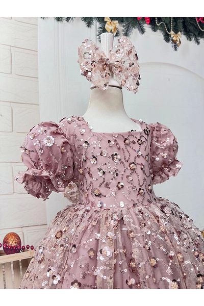 Nissa Powder Color Sequined Bow Girl's Evening Dress
