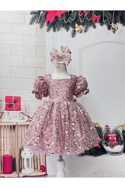 Nissa Powder Color Sequined Bow Girl's Evening Dress