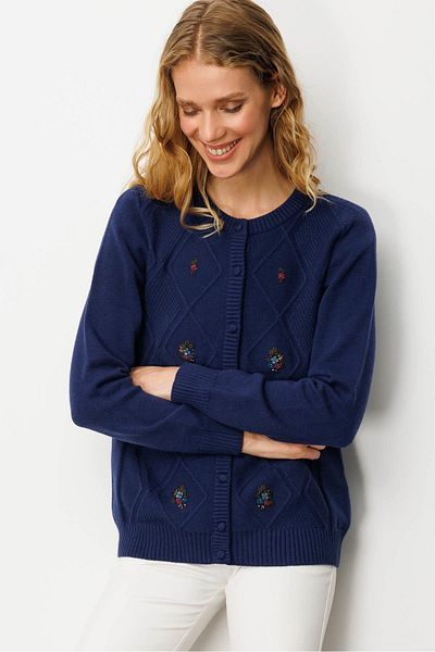 Desen Triko Women's Crew Neck Cardigan with Diamond Embroidery on the Front Navy Blue