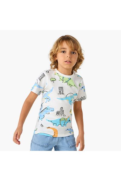 Juniors All-Over Dinosaur Print T-shirt with Crew Neck and Short Sleeves