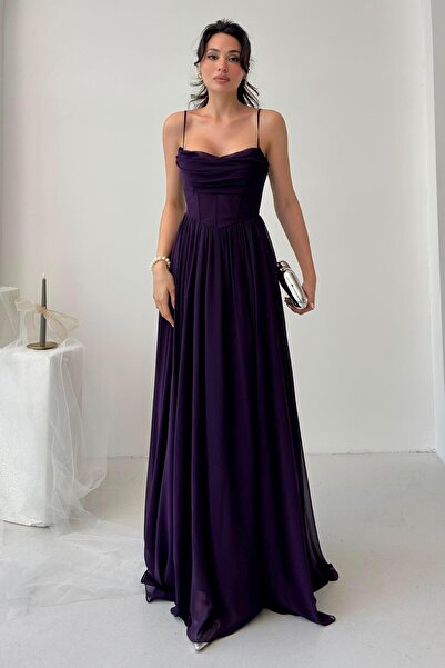 Serica Moda Βραδινό φόρεμα από τούλι σιφόν με μωβ λουράκι