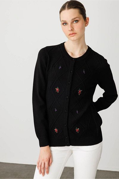 Desen Triko Women's Crew Neck Front Diamond Embroidery Embroidered Cardigan Black