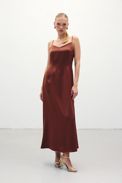 Sateen Long Satin Dress with Straps - Brown