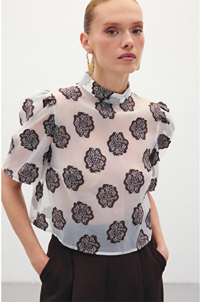 Sateen Organze Kısa Kol Bluz - Kahve