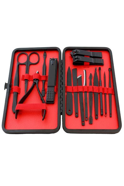 Aptel Set of 16 manicure tools, stand, stainless steel, red