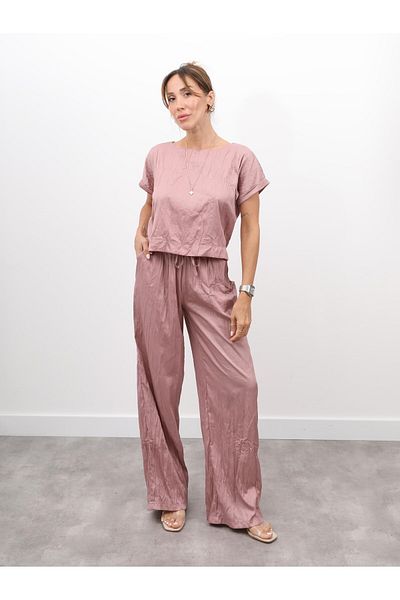 Maldia Shop Women's Crush Fabric Blouse Pants Dusty Rose Suit