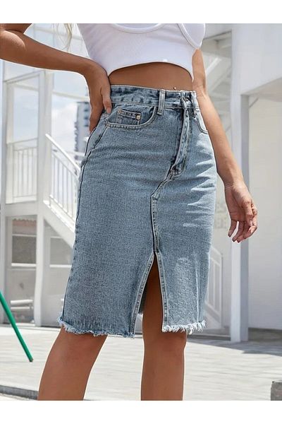 Viyamo Fusta de denim pentru femei cu talie elastică cu margine ruptă din noua sezon