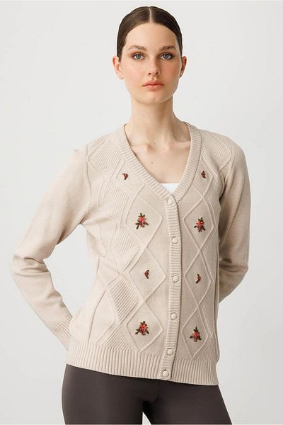 Desen Triko Women's V-Neck Front Diamond Embroidery Embroidered Cardigan Beige