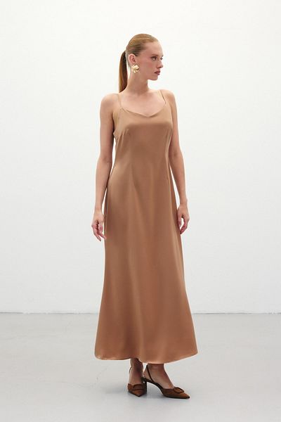 Sateen Long Satin Dress with Straps - Camel