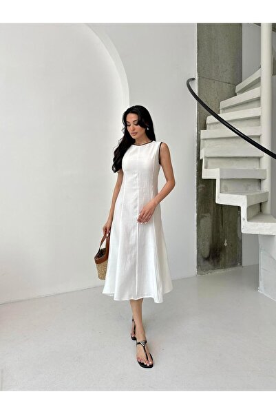 Serica Moda Ecru Crew Neck Midi Sleeveless Midi Dress