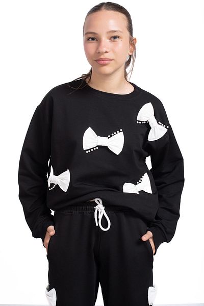 Cansın Mini Black Bow and Pearl Detailed Girls' Crew Neck 2-Piece Tracksuit Set 21205