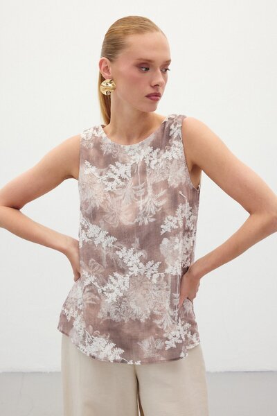 Sateen Блуза без ръкави с бродерия - камила